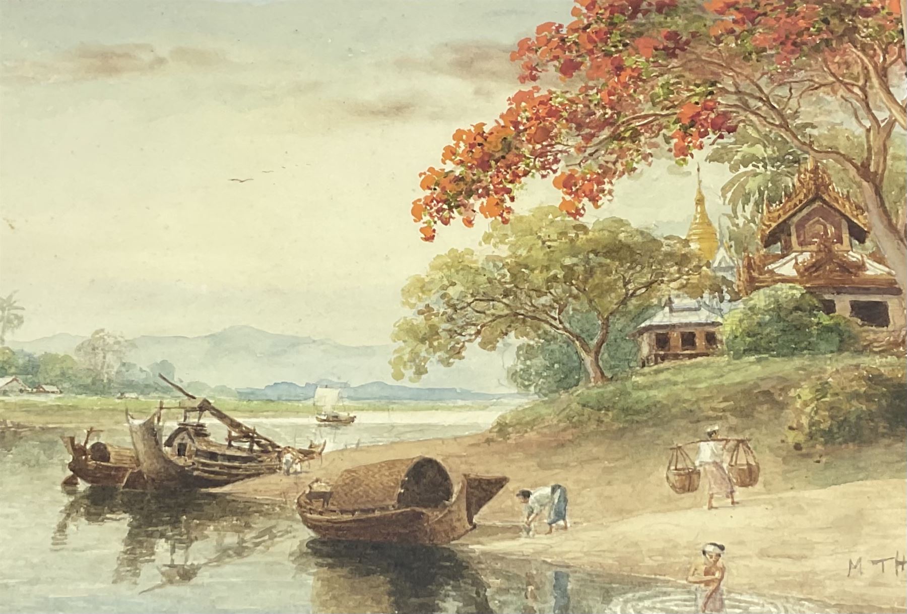 Maung Tun Hla (U Tun Hla) (Burmese 1874-1946): Royal Poinciana Tree on River Bank, pair watercolours signed M T Hla 16cm x 21cm (2)