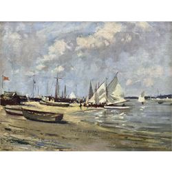 Circle of Edward Seago (British 1910-1974): Yachts on the Beach, oil on canvas unsigned 35cm x 45cm