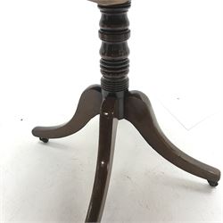 *19th century mahogany centre table, circular tilt top on collar turned column, three out splayed supports with brass castors, D103cm, H71cm