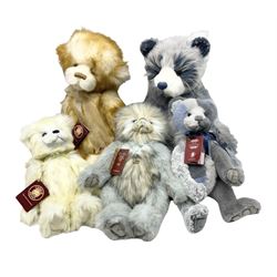 Five Charlie Bears, comprising Chucky Egg CB159030S, and Elwood CB181717, both designed by Heather Lyell, Hodgepodge CB181871A, and Elizabeth CB171752A, both designed by Isabelle Lee, all with tags, and an example CB159011S lacking tag