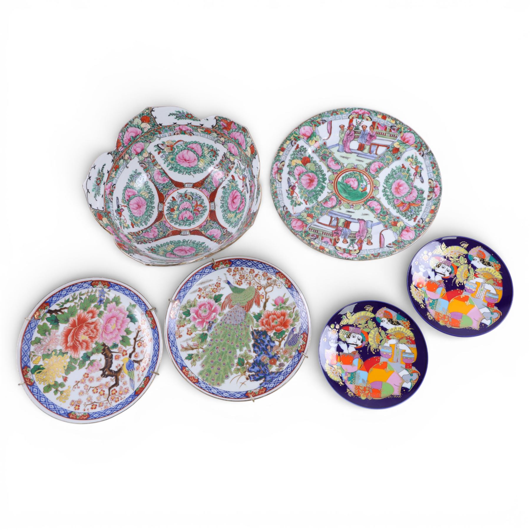 Two Bjorn Wiinblad for Rosenthal plates, together with famille rose bowl and plate, Delft charger, and other collectables 