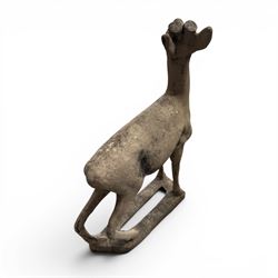 Pair of cast stone garden deer in a weathered finish with two loose antlers