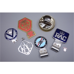  AA industrial vehicle badge type 2 no. V38588, The Vintage Sports-Car Club badge, two RAC chrome badges and Morgan Sports Car Club (5)  