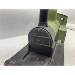 1960s scratch-built green, black and red painted wooden model of a 4-6-0 tank locomotive 'Andrew' No.7365 L88cm; and an unused wall mounting die-cast model display cabinet with glass door and shelves 52 x 40cm (2)