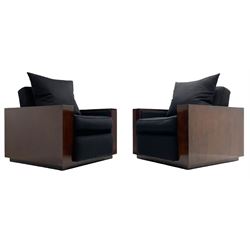 Ralph Lauren - pair 'Metropolis' Art Deco design club armchairs, rosewood finish box frame, upholstered in black fabric