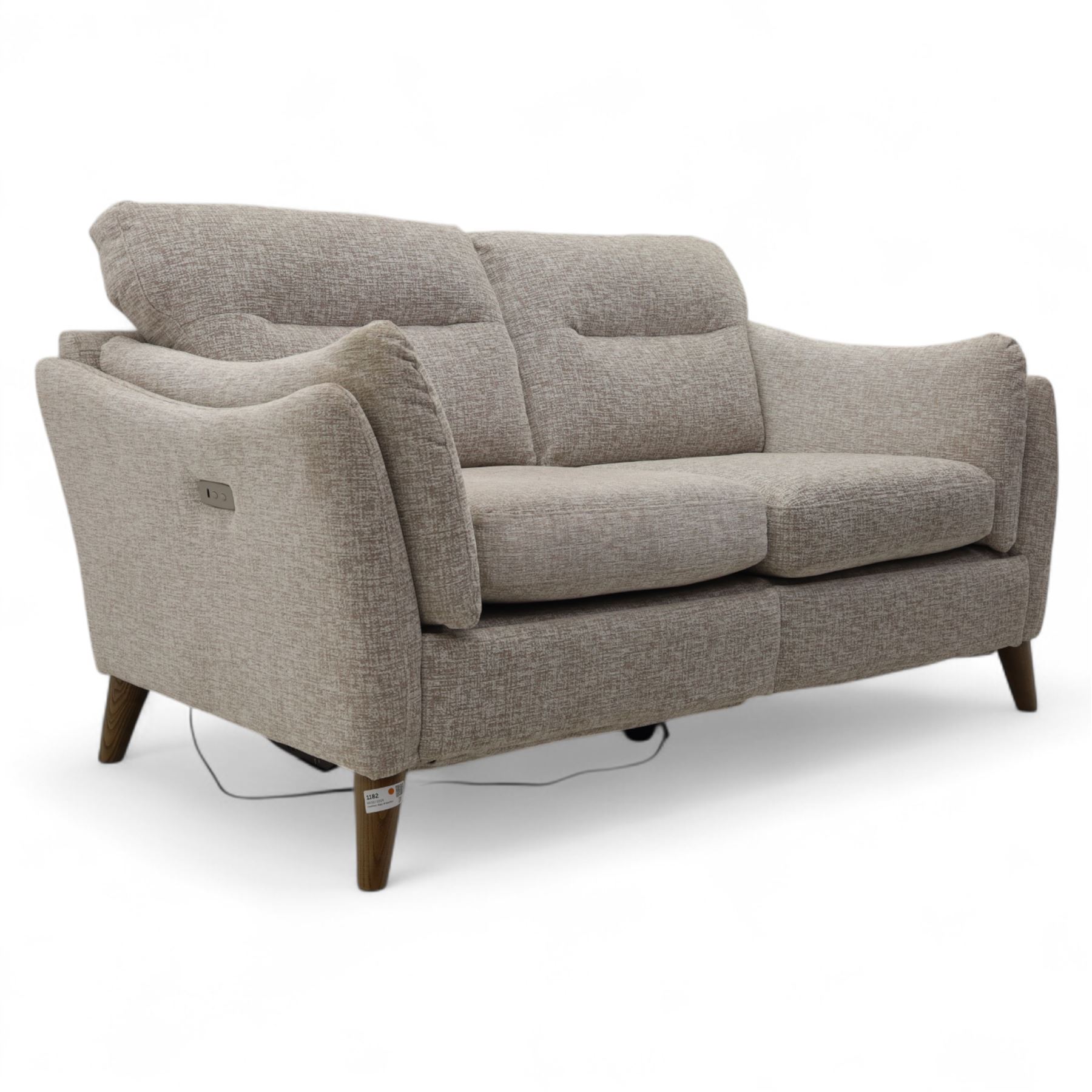 Ashwood - ‘Calypso’ 2-seater motion lounger, upholstered in light stone grey textured fabric with flared arms and split back cushions, fitted with dual electric recline controls, raised on stained tapering legs