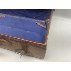 Late 19th/early 20th century stitched and studded leather portmanteau type suitcase with expanding lid and straps, L61cm