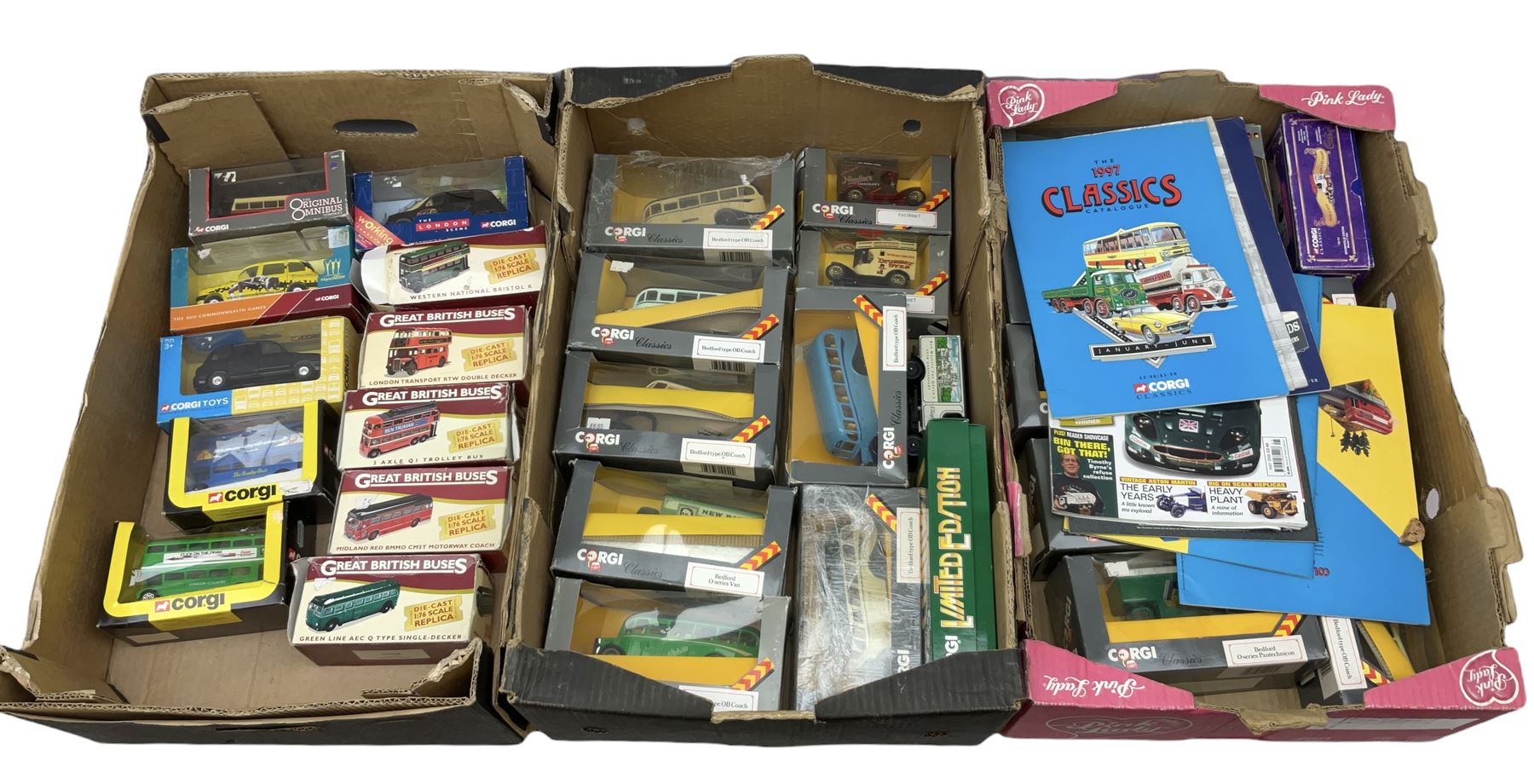 Corgi Classics commercial vehicles to include Bedford O series Van, Bedford type OB Coach, etc, boxed, other boxed Corgi models and boxed Atlas Editions Great British Buses, in three boxes