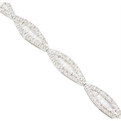 18ct white gold round brilliant cut and baguette cut diamond, marquise shaped link bracelet, hallmarked, total diamond weight approx 3.00 carat
