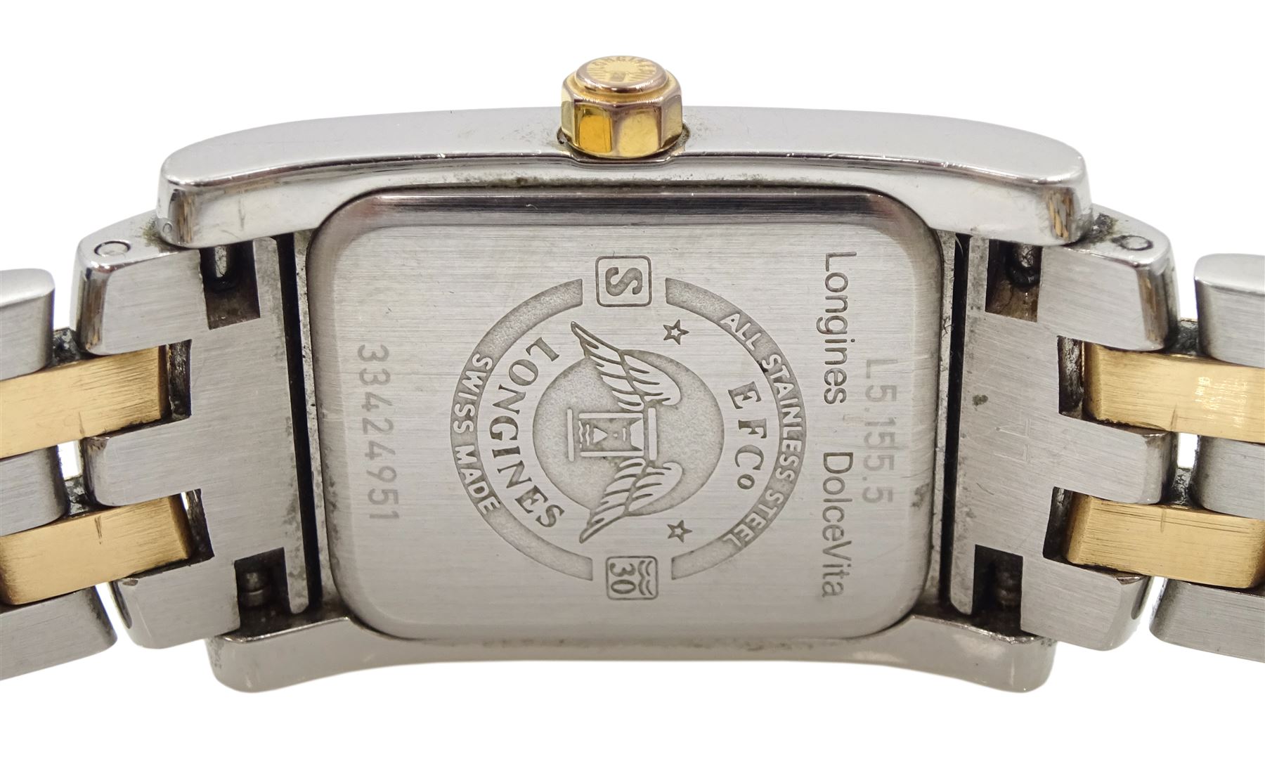 Longines DolceVita ladies stainless steel and gold quartz wristwatch, Ref. L5.155.5, mother of pearl dial with diamond hour markers and diamond set heart and 12 o'clock