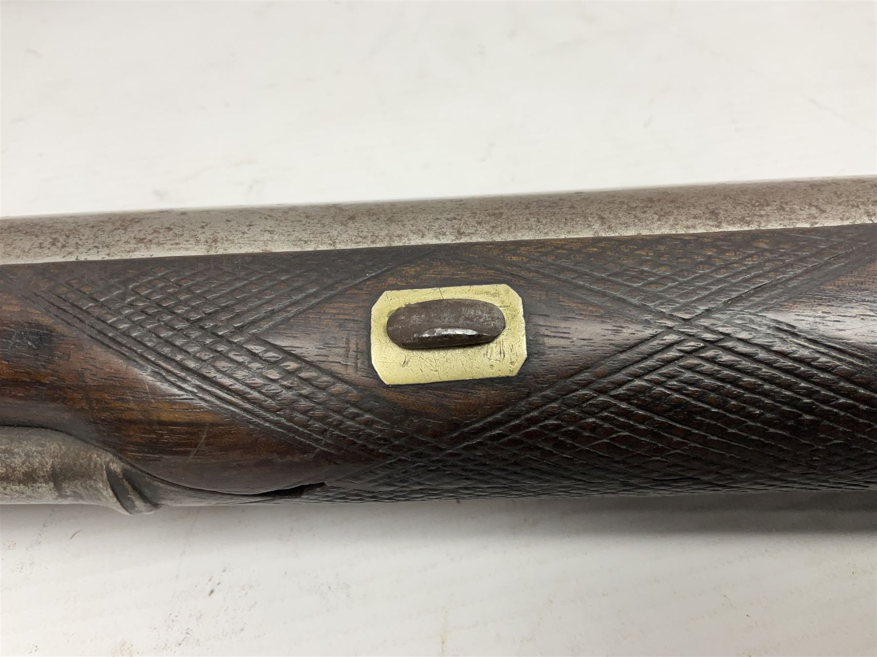 19th century take down 'cripple stopper' single barrel percussion gun, removable walnut stock with bayonet style fitting, chequered grip and fore-end, approximately 8-bore, the 59.5cm (23