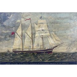English School (20th Century): 'Katie 120 Tons - A Three Masted Schooner of Portmadoc Trading in the Atlantic', oil on panel titled along the lower edge 39cm x 57cm in birdseye maple veneered frame