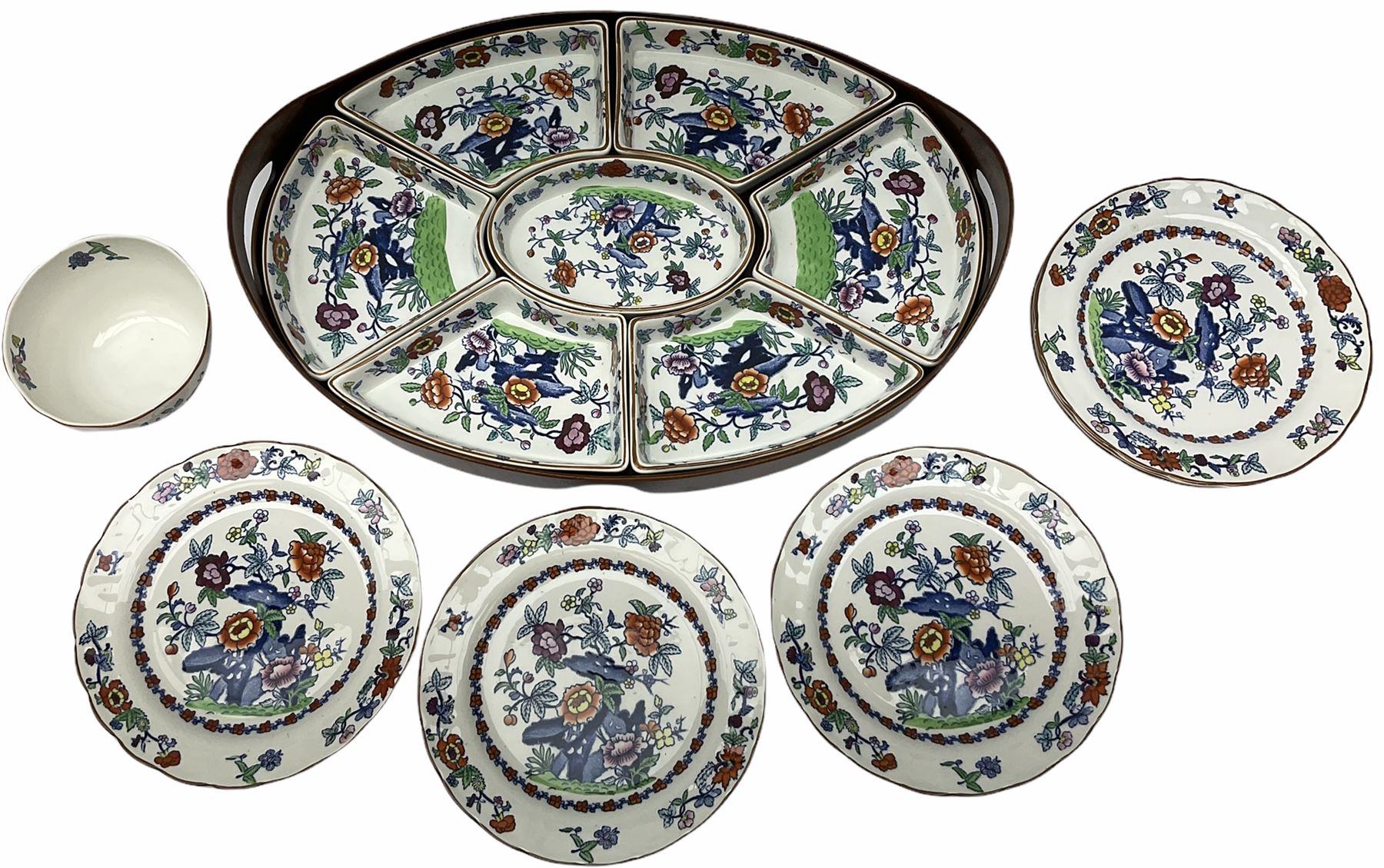 Booths Hors d'Oeuvres or supper set decorated in the Pompadour pattern, comprising seven dishes upon wooden tray L42.5cm, together with a bowl, D11.5cm, and six side plates, D19cm. 
