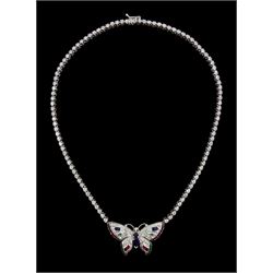 White gold butterfly necklace, the diamond, sapphire, ruby and emerald set butterfly, suspending from a round brilliant cut diamond necklace, stamped 14K, diamond weight approx 6.20 carat