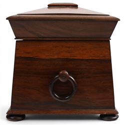 19th century tea caddy, of sarcophagus form, the lid opening to reveal fitted interior, together with red lacquered tea caddy, largest H22cm  