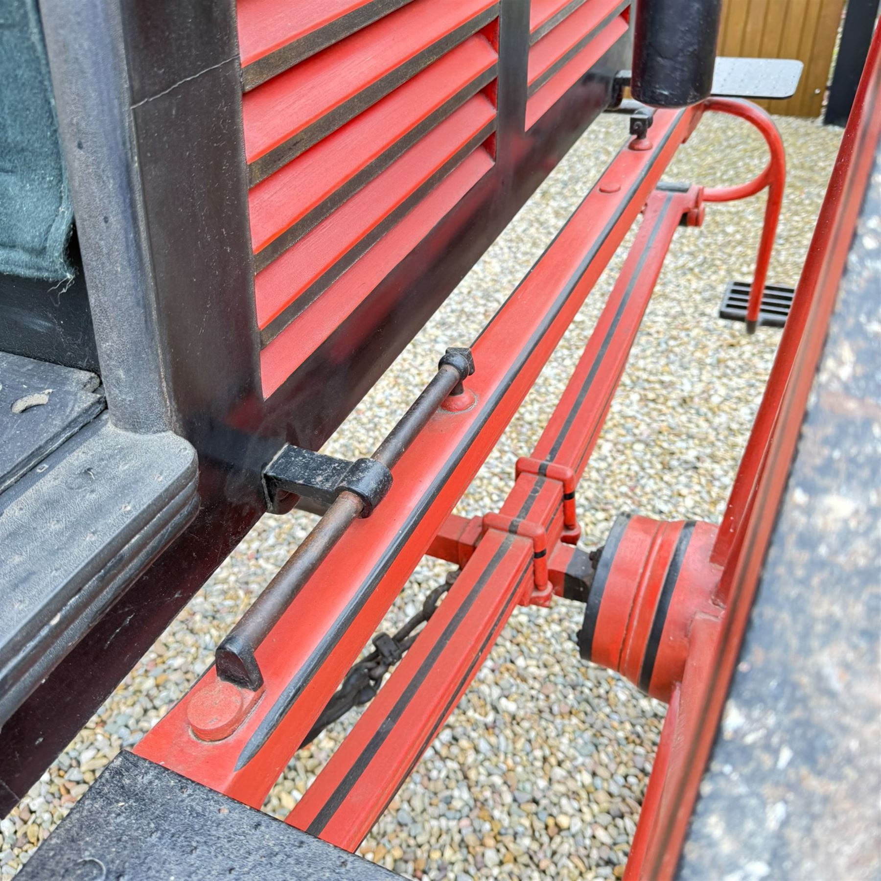 Holland & Holland Tandem Cart - Althorp Spencer Family Estate

A two wheeled tandem cart or cocking cart by Holland & Holland Coach Builders, London, with black painted bodywork, red painted shafts and running gear, red wooden spoked wheels with rubber tyres, green upholstered seating and a rear perforated metal footboard. The cart is fitted with carriage lamp brackets (lamps next lot), green buttoned cushions with leather retaining straps, side louvered body panels, footrests, leaf spring suspension and shafts for horse use. The carriage incorporates an adjustable body position, operated by a lever, allowing the body to be moved forwards or backwards to alter the weight distribution. Formerly owned by the family of Lady Diana Spencer,
Sympathetically conserved by Woods of Fairbourne Carriages Ltd, Kent.

Features:
• Brass maker’s plaque for Holland & Holland Coach Builders, London
• Two wheeled tandem cart
• Black painted body with red painted shafts and running gear
• Red wooden spoked wheels with rubber tyres
• Green upholstered cushions with leather retaining straps
• Adjustable carriage body for weight distribution
• Lever operated adjustment mechanism
• Perforated rear footboard
• Side footrests
• Louvered side panels
• Leaf spring suspension
• Rear opening storage compartment
• Decorative painted armorial motif to rear panel
• Fitted carriage lamps shown, not included in the lot (available as next lot)
• Conserved by Fairbourne Carriages Ltd
• Provenance: The Althorp Attic Sale including The Spencer Carriages, lot 195, 7 July 2010

Dimensions:
Overall length 396 / 198cm
Width 155cm
Height 190cm

Wheel Diameters:
Wheels: 148cm

Seating:
Driving seats: 2
Passenger seats: 2