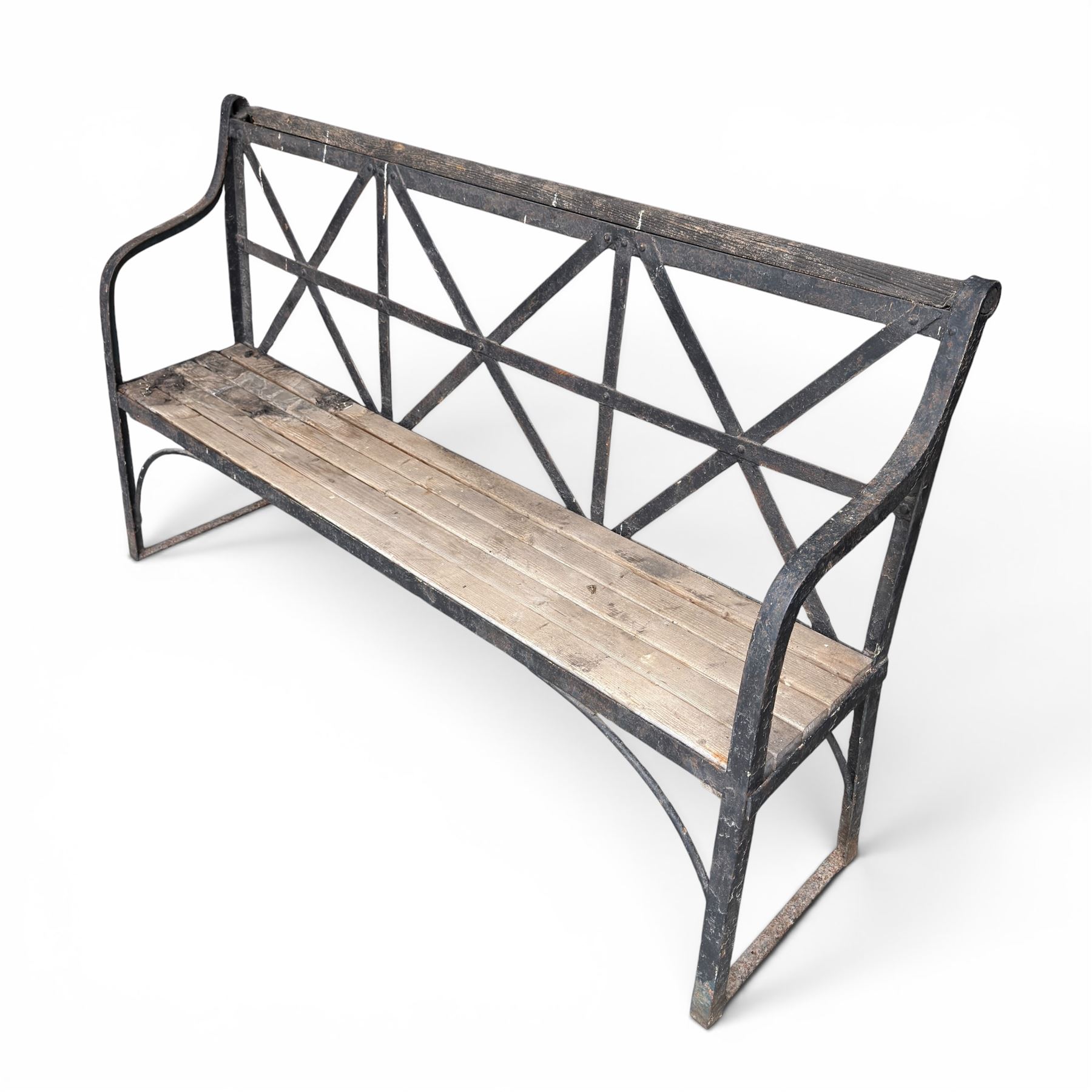 19th century and later Estate made wrought iron strapwork garden bench, the weathered wooden cresting rail over X-form strapwork back and slatted wooden seat