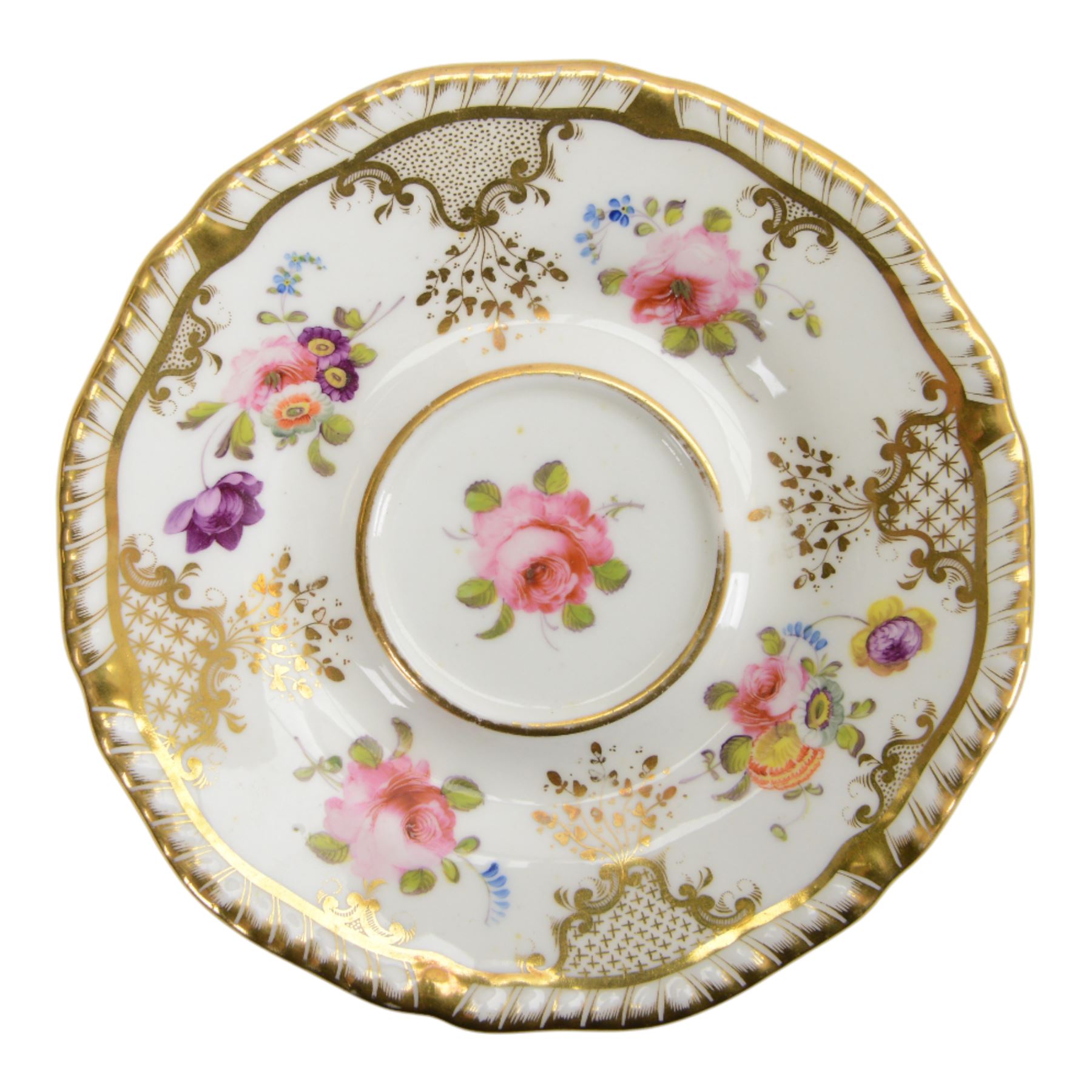 H&R Daniel, pair of trios, coffee cup, teacup and a saucer, circa 1826
pattern 4057, 'Second Gadroon Variation A', painted with fine foliate sprays and gilt hatched reserves, coffee cup including handle H8cm, saucer D14cm