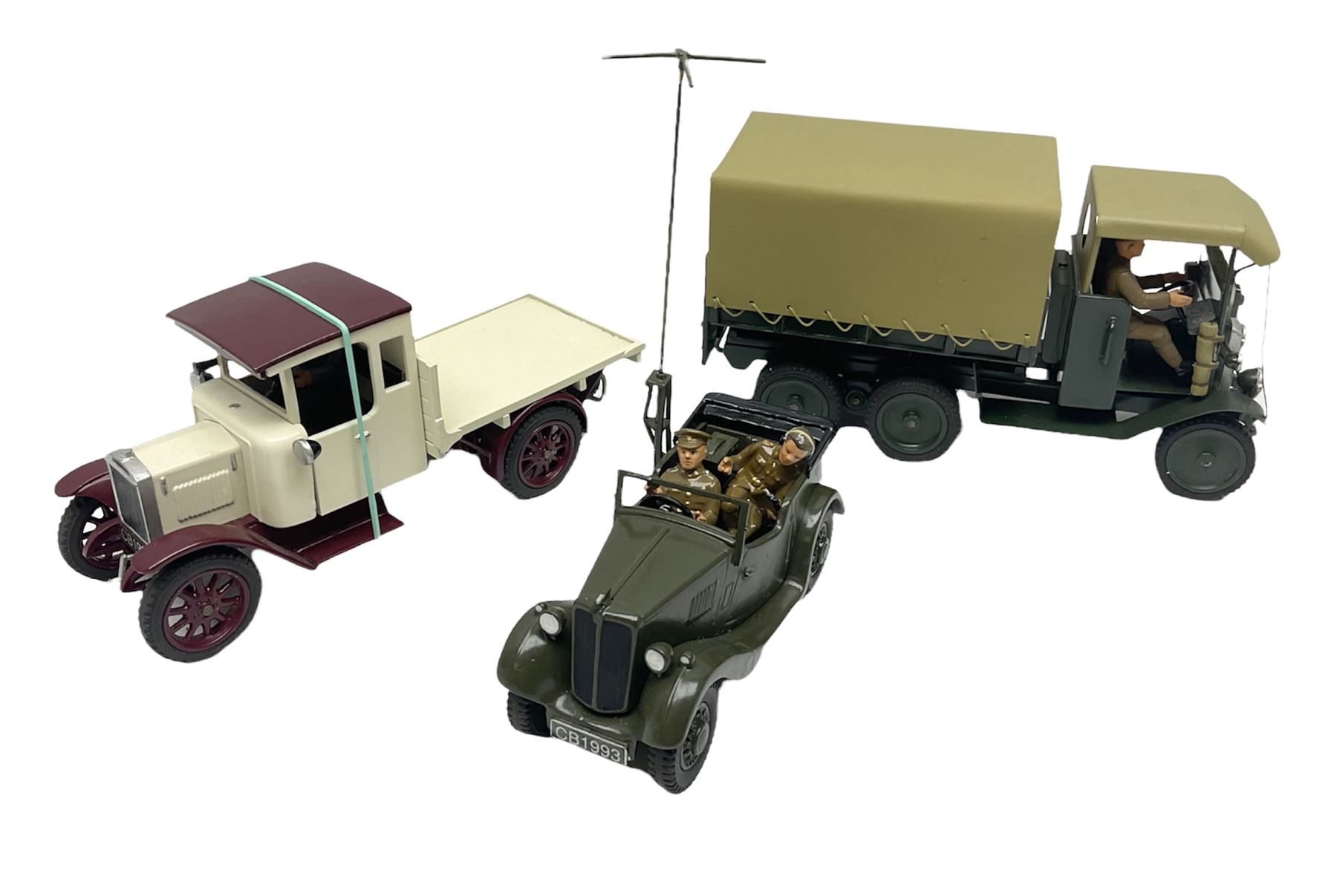 CJB Morris Military Field Wireless car with antenna, driver and operator L11cm; CJB Military covered wagon with two figures; and CJB maroon and white painted flat-bed truck with driver (3)