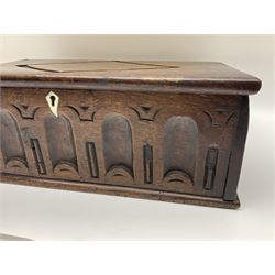 18th century oak box, the hinged lid with carved lozenge decoration, carved front with ivory escutcheon, H14cm, D23cm, L38cm
This item has been registered for sale under Section 10 of the APHA Ivory Act
