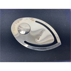 Modern silver bookmark, embossed with cricket ball, hallmarked Laurence R Watson & Co, Birmingham 2003, H6cm, boxed 