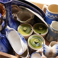 Copeland late Spode jasper ware jug, pair of modern Staffordshire vases, three Doulton Bunnykins nursery bowls etc