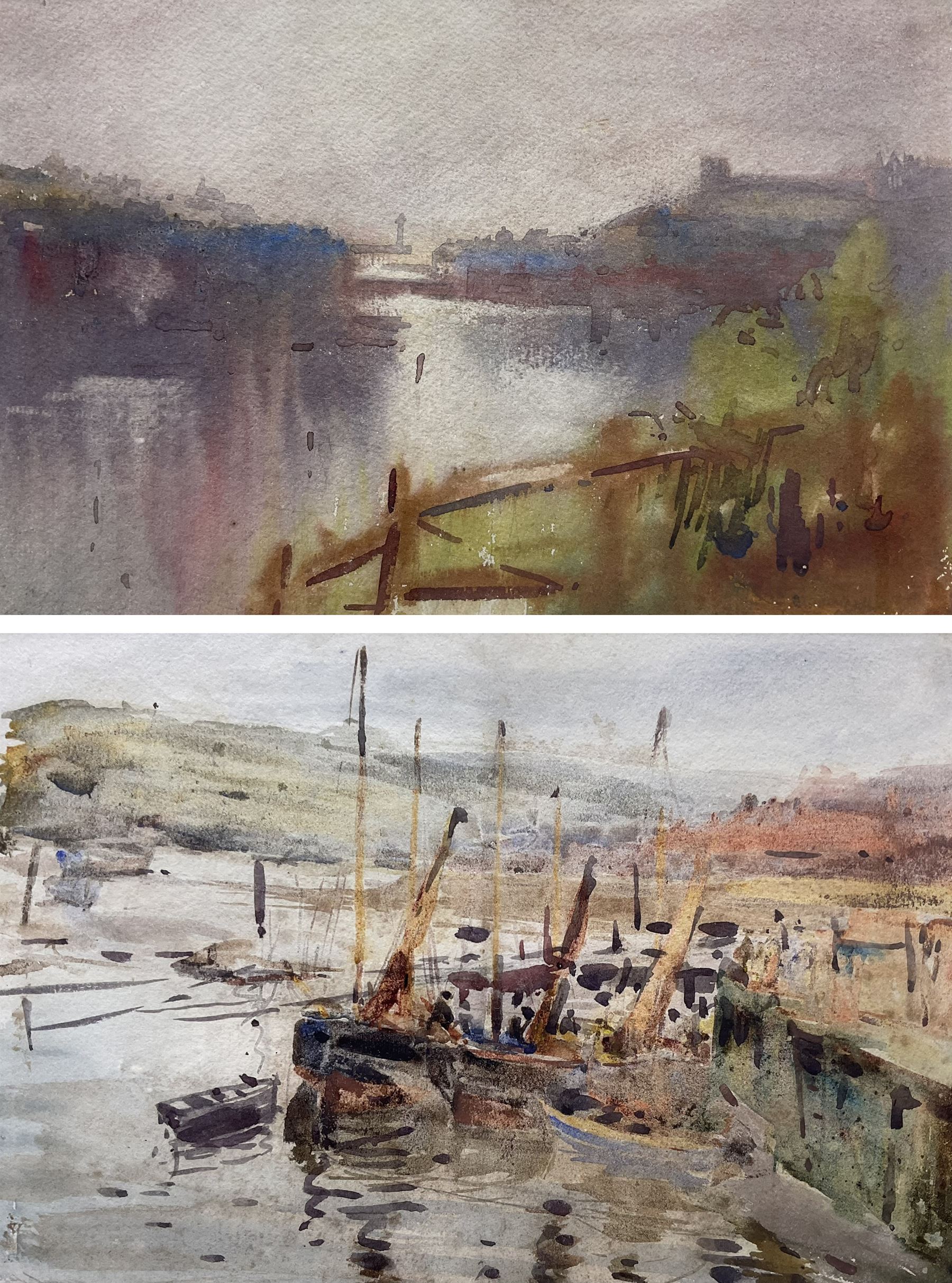 Edward Enoch Anderson (Staithes Group 1878-1961): Whitby from Divinity Flat and Upper Harbour Whitby, two watercolours unsigned 17cm x 25cm (2) 
Provenance: with T B & R Jordan Fine Art Specialists, Stockton on Tees, from the artist's daughter Stella's collection, label verso