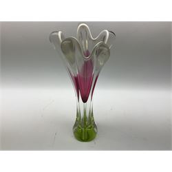 Studio glass vase, together with studio glass bowl and five wooden apples, vase H35cm