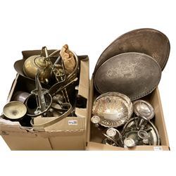 Assorted metalware, to include silver plated trays, swing handled dish, candelabra, chamber stick, selection of brass and copper, including coal bucket, toasting forks, kettles, horse brasses, etc., in two boxes 