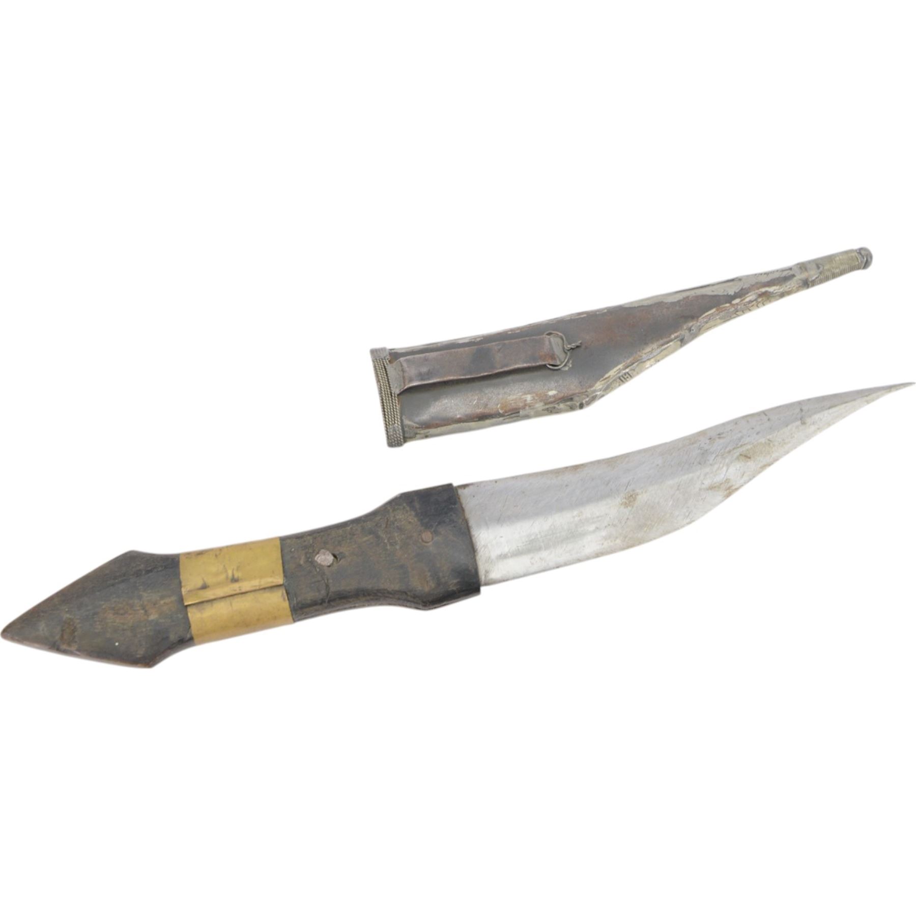 Kindjal dagger, the handle and scabbard decorated with figures and animals, together with middle eastern curved dagger and other knives and weapons 
