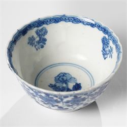 Collection of 18th century blue and white Chinese tea wares, comprising girl on swing saucer and tea bowl, boy riding buffalo tea bowl, one wine cup with foliate rim with Artemisia leaf mark to base, and similar with lotus mark to base, miniature vase, small teabowl with six character reign mark possibly Chenghua, Daoguang saucer, and others, mostly unmarked (13)