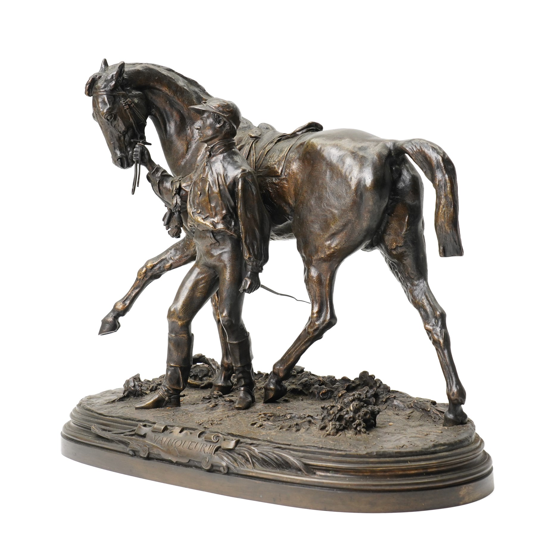 After Pierre Jules Mene (French 1810-1879): Vainqueur!!!, bronze equestrian group of a Derby jockey leading his horse on naturalistic moulded oval base, titled signed and dated 1866, H37cm W43cm