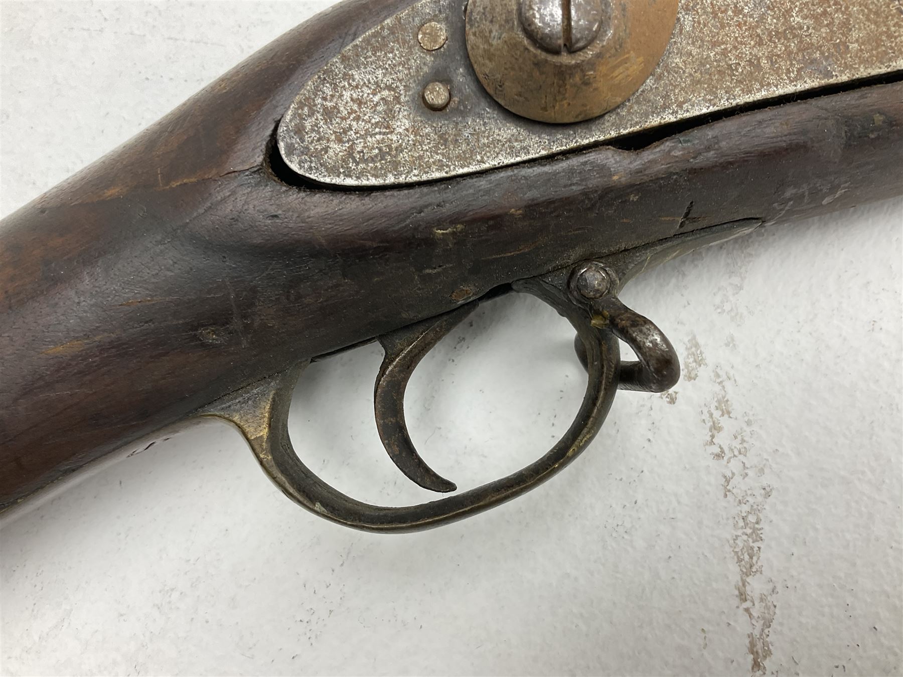 20th century Indian percussion military musket, approximately 20-bore, the 96.5cm barrel with three bands, the steel lock-plate marked 1862 Enfield, walnut full stock with brass fittings and under barrel ramrod channel L140.5cm overall