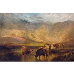 William Perring Hollyer (British 1834-1922): Cattle Watering in the Highlands, oil on canvas signed 60cm x 90cm