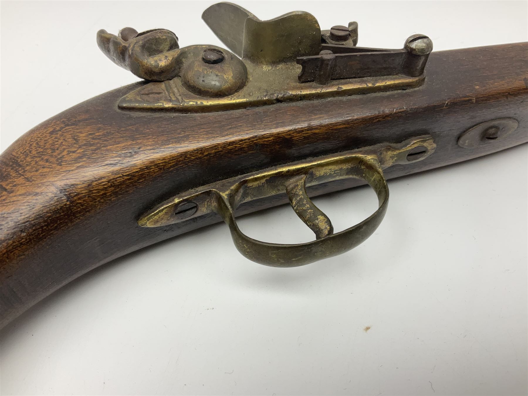 Leather covered swagger/sword stick with 40cm steel blade L62cm overall; another ash sword stick with 30cm diamond section steel blade; pair of fencing foils, the blades marked Solingen; two reproduction flintlock pistols; and 92cm inert cartridge belt (7)