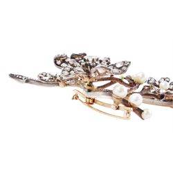 19th century gold and silver diamond and pearl en tremblant detachable brooch, the flower tremblant with a principal old cut diamond of approx 1.90 carat, the petals and stamen set with old cut and rose cut diamonds, total diamond weight approx 9.10 carat, to a foliate spray set set with further rose cut diamond and white / pink / cream pearls and ribbon tie