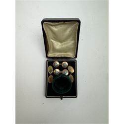 Wax seal with mother of pearl handle, and three similar, together with two pairs of gilt metal cufflinks, three rolled gold pearl studs, a silver plated snuff box, Everpoint pencil and a cheroot holder