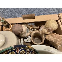Large group of assorted decorative ceramics, to include Oriental ginger jar and cover, Portuguese blue and white jar and cover of baluster form, Staffordshire mug, Staffordshire style spaniels, 19th century hot water bottles, wash jug and bowl, Jasperware barrel, etc., in three boxes 