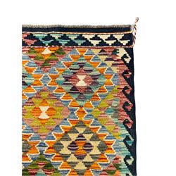 Chobi Kilim multi-coloured rug, overall geometric design enclosed by hook stripes