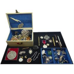 Collection of Victorian and later gold, silver and costume jewellery including 9ct gold cufflink, 15ct gold pendant, 9ct gold Rotary watch on leather strap, silver stone set rings, silver pendants, propelling pencils, German Iron Cross pendant, silver cylinder fob watch, coin pendants etc