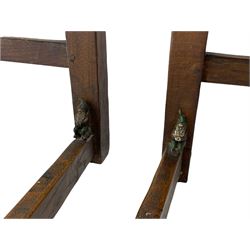 'Gnomeman' set of three oak dining chairs, panelled backs over curved seat rails with drop in rope rush seats, turned front supports with collar joined by plain stretchers, two with carved seated gnome figures, painted

Provenance - This collection of early 'Gnomeman' furniture comes to us directly from the Whittaker family. The pieces were made by the vendor's father Thomas Whittaker in the 1930/40s for his own use. During this time, he lived in York and made items for himself and friends. Whittaker adopted the gnome as a signature and trademark after his move to Littlebeck, Whitby.