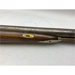 19th century 13-bore double barrel side-by-side percussion cap shotgun, the 72cm stub twist damascus barrels with ramrod under, walnut stock with chequered grip L117.5cm overall