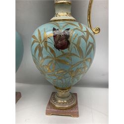 Pair rubian art pottery jugs and pair painted Doulton plates, jugs H42cm