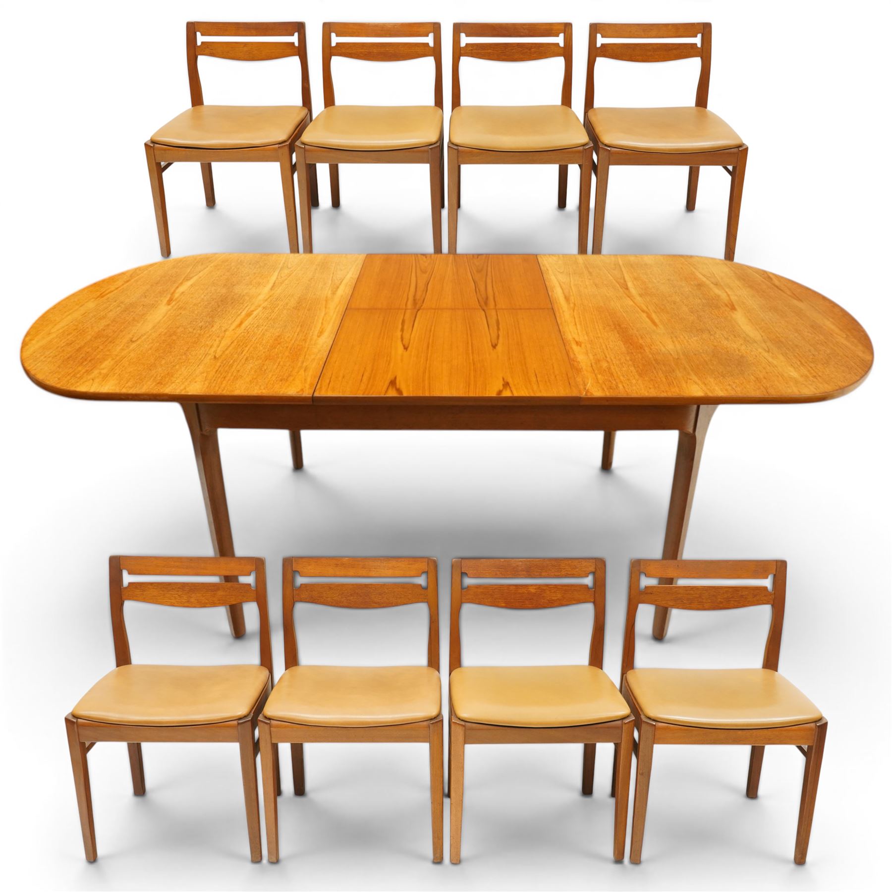 Nathan - teak oval extending dining table, together with set of eight matching low-back dining chairs with tan leather seats, extends to 203cm