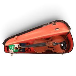 Early 20th century violin, interior label reading 'Copy of a Antonius Stradivarius Fecit Dresdae Anno 18, made especially for Harry Wood of Wakefield', for restoration, contained within hard case