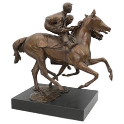 Bernard Winskill  (d1980) - 'Upsides on High Moor' a bronze group of two horses and riders, signed, on wooden base 45cm x 48cm