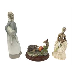 Border fine arts figure Hedgehog & Wren, together with Lladro figure Girl with Lamb and Royal Worcester figure Sunday Morning, tallest example H29cm 
