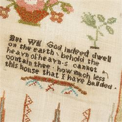 19th century needlework sampler by Elizabeth Bottomley aged 8, 1836 with large building to the centre with trees, verse, flowers 58cm x 52cm unframed