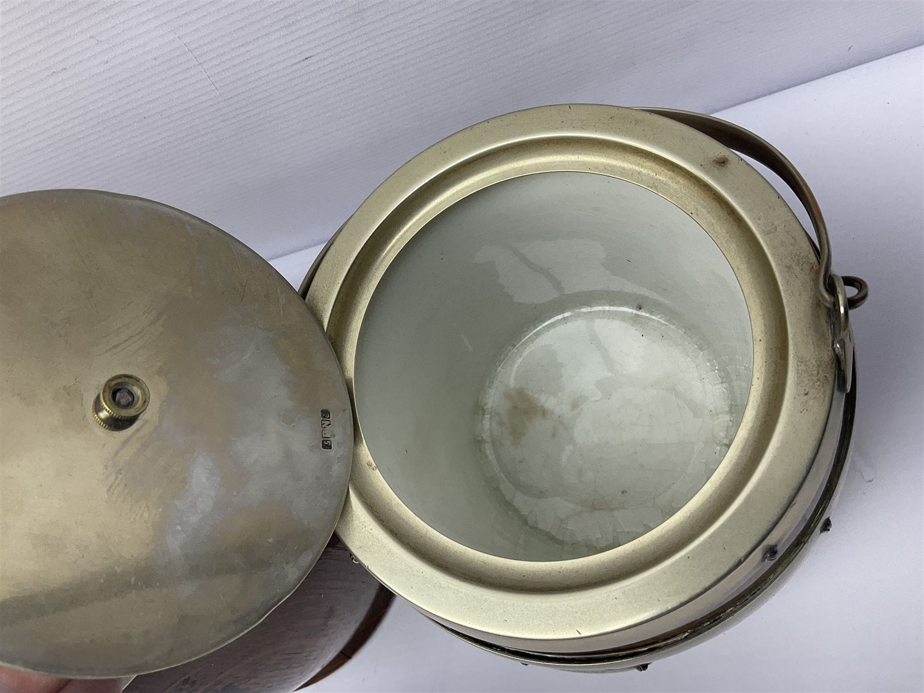 Five early 20th century biscuit barrels with silver-plated mounts, one made from Mahogany from HMS Hindustan