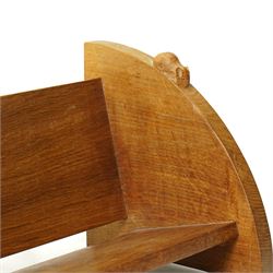 Mouseman - adzed oak book trough, curved end supports, with carved mouse signature, by the workshop of Robert Thompson of Kilburn